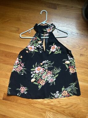 Leith Black Floral Halter Camisole with Pink and Green Print